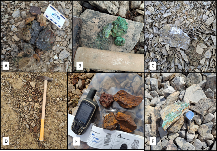 Figure 6: Examples of the copper gossans and outcrop from the Storm-Tornado area. For detailed descriptions of samples A-F above, see Table 1 in this report. Portable XRF was used to aid visual identification.


