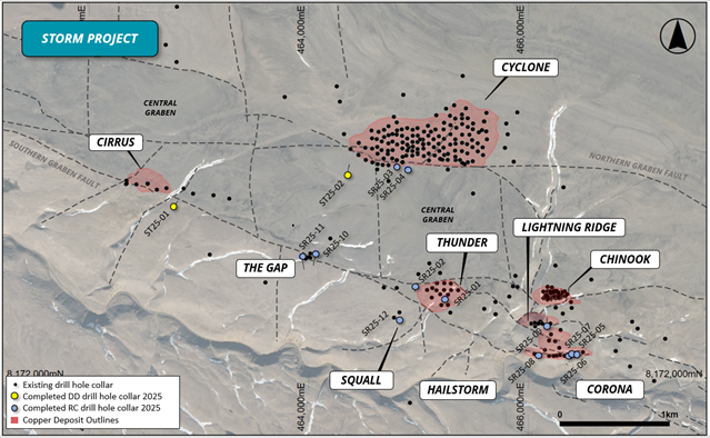 Figure 6: Drill hole locations from the 2025 drilling program, overlaying copper deposit outlines, existing drilling, and regional geology overlaying aerial photography.