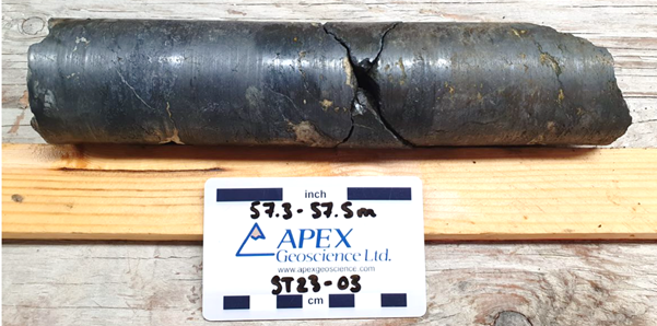 Figure 7: Massive chalcocite (dark grey)) in drill hole ST23-03 from approximately 57.4m downhole.
This is part of an interval of 57.2 – 57.7m @ 49.6% Cu.