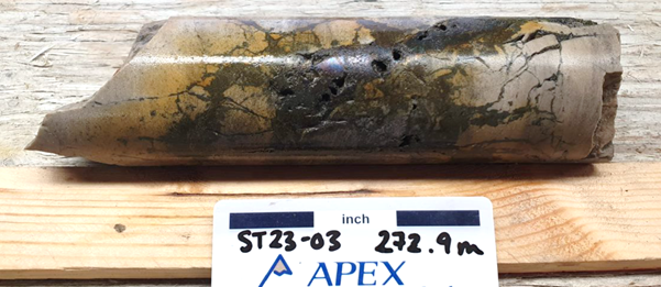 Figure 8: Breccia chalcocite (dark grey), bornite (purple/grey) and chalcopyrite (brassy) in drill hole ST23-03 from approximately 272.9m downhole.