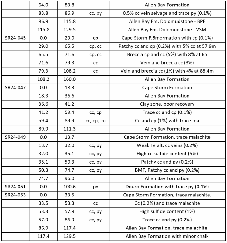 Table 6: Summary geological logs for recently completed resource infill drill holes at the Cyclone Prospect.